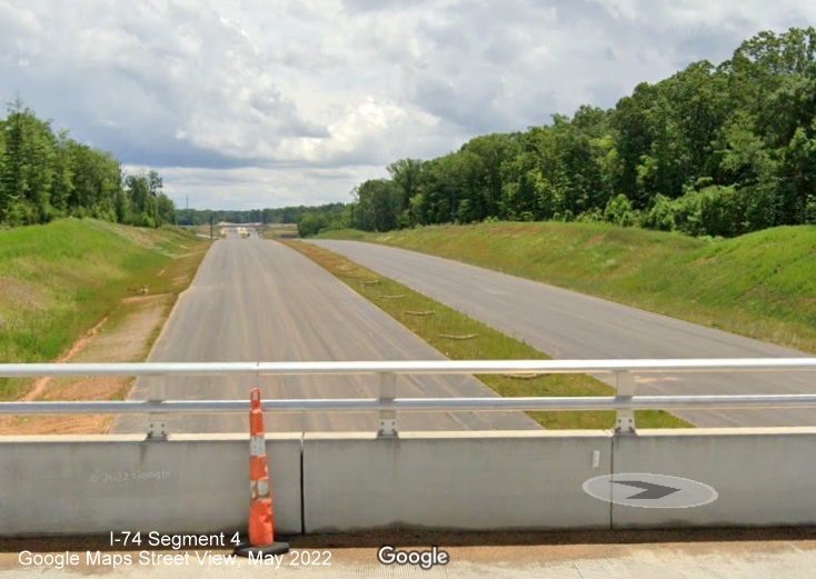 Image looking east from Stanleyville Drive toward future I-74/Winston Salem Northern Beltway 
                                            interchange with NC 8/Germanton Road, Google Maps Street View, May 2022