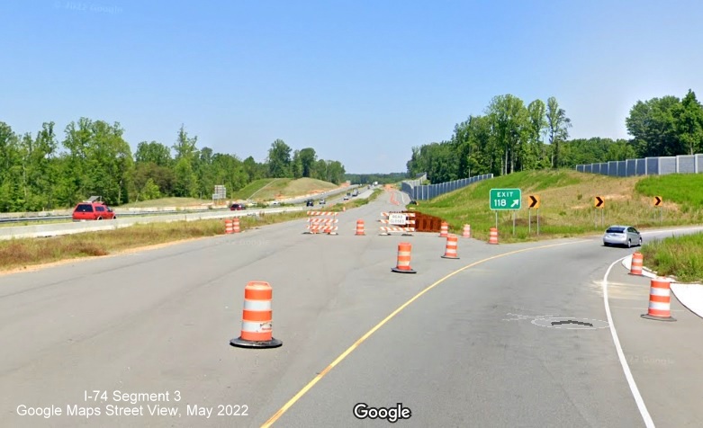 Image looking north along future lanes of US 52 North/I-74 West at exit 
	  ramp for NC 65 in Rural Hall, Google Maps Street View, May 2022