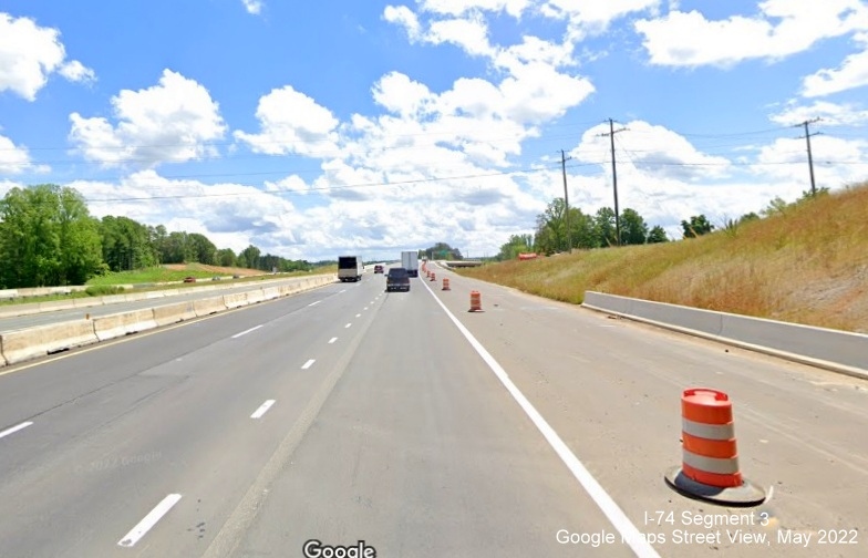 Image of new US 52 South lanes after new interchange with NC 65, Google Maps Street 
	  View, May 2022