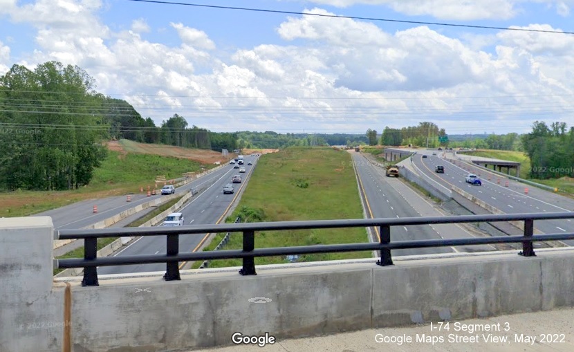 Image of view toward future I-74/Winston-Salem Northern Beltway 
	  interchange from new NC 65 bridge over US 52 in Rural Hall, Google Maps Street View, May 2022