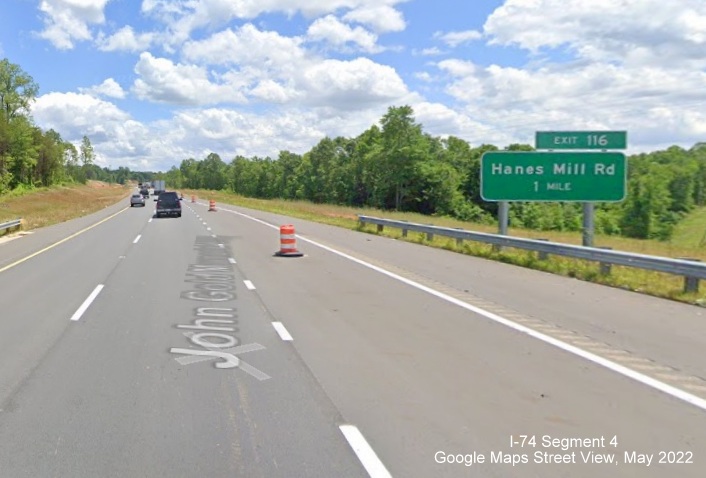 Image of new 1 mile advance sign for Hanes Mill Road on US 52 South lanes, Google Maps 
        Street View image, May 2022