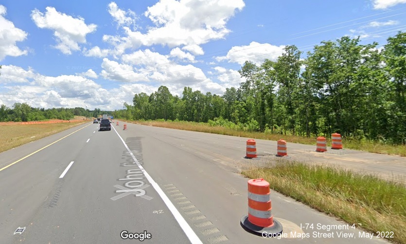 Image of new US 52 South (Future I-285 South) lanes at future Winston-Salem Northern Beltway on-ramp, Google Maps 
        Street View image, May 2022
