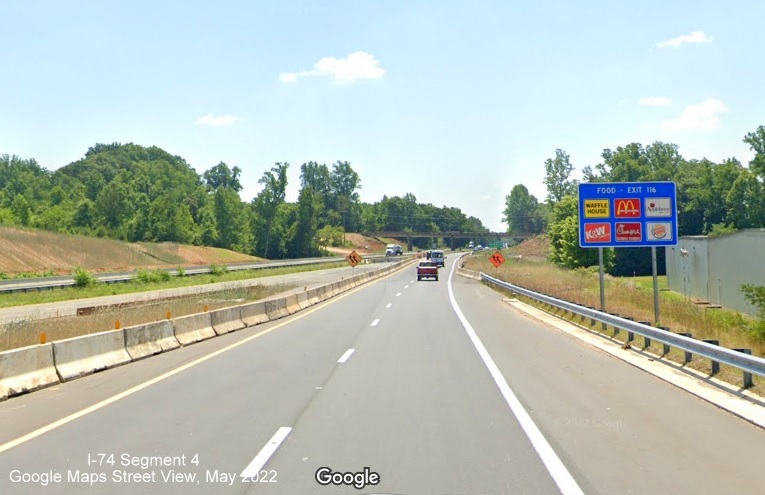 Image of new US 52 South (Future I-285 South) lanes approaching original roadbed at end of future I-74 
        Winston-Salem Northern Beltway construction zone, Google Maps Street View image, May 2022