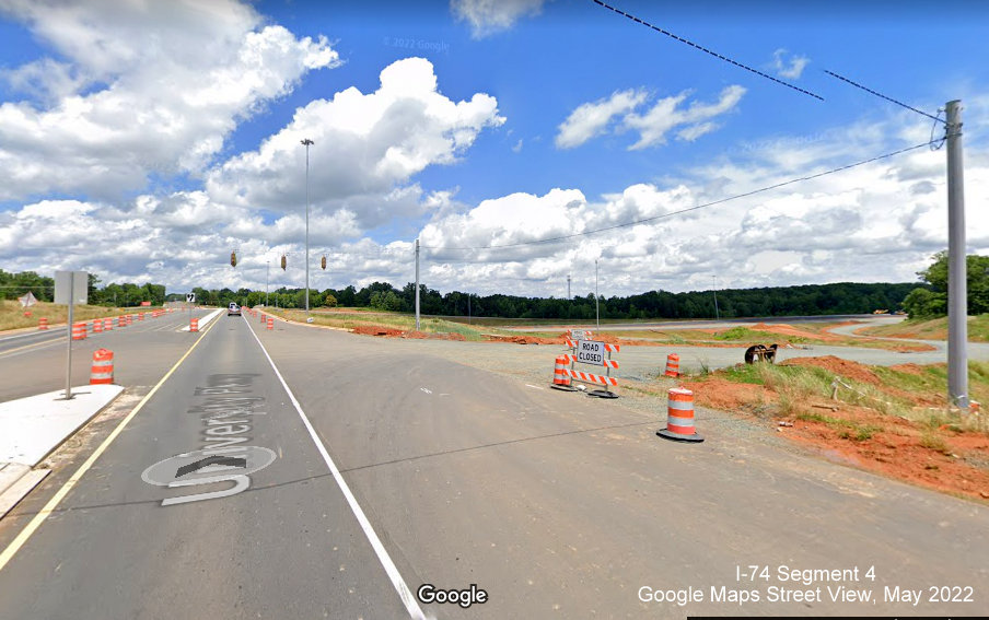 Image of completed ramp from NC 66/University Parkway to and from future I-74 East/Winston-Salem Northern 
       Beltway, Google Maps Street View, May 2022