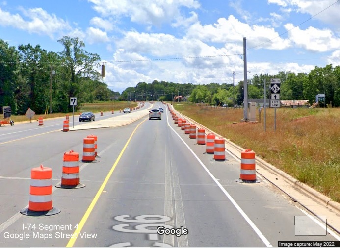 Image of NC 66 trailblazer at future I-74 East/Winston-Salem Northern Beltway ramp, Google Maps Street 
        View, May 2022