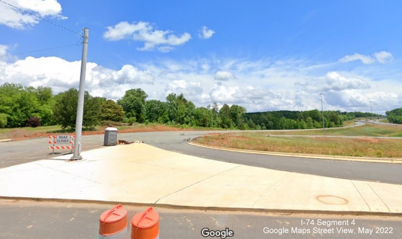 Image of completed ramp from NC 66/University Parkway from future I-74 West/Winston-Salem Northern 
       Beltway, Google Maps Street View, May 2022