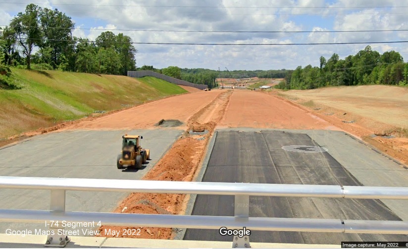 Image looking west from NC 66/University Parkway bridge over future I-74 West/Winston-Salem Northern 
       Beltway, Google Maps Street View, May 2022