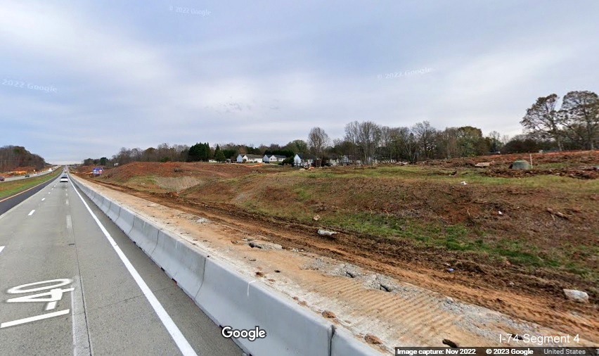 Image of clearing and lane shift along I-40 East lanes for future interchange with I-74/Winston-Salem 
       Northern Beltway in Forsyth County, Google Maps Street View, November 2022