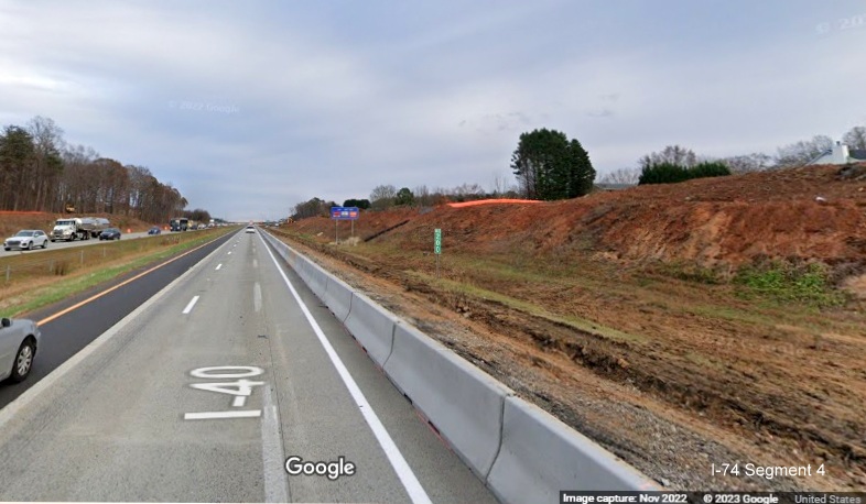Image of clearing and grading along I-40 East lanes at milepost 200 for future interchange with I-74/Winston-Salem 
       Northern Beltway in Forsyth County, Google Maps Street View, November 2022