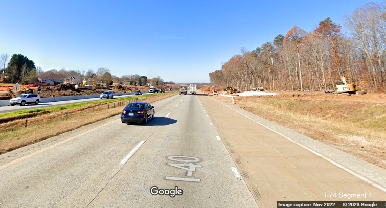 Image of clearing and grading along I-40 West lanes near Union Cross Road for future interchange with I-74/Winston-Salem 
       Northern Beltway in Forsyth County, Google Maps Street View, November 2022