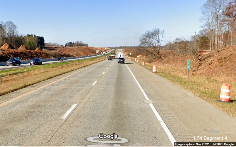 Image of clearing and grading along I-40 West lanes after Union Cross Road for future interchange with I-74/Winston-Salem 
       Northern Beltway in Forsyth County, Google Maps Street View, November 2022