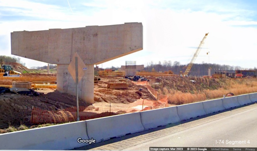 Image of support pillar alongside I-40 East lanes for future ramp to I-74/Winston-Salem Northern 
        Beltway headed east, Google Maps Street View, March 2023