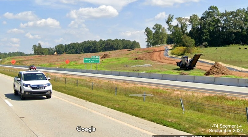 Image taken looking east from I-40 West lanes toward clearing being made at future site of 
          Winston-Salem Northern Beltway in Forsyth County, Google Maps Street View, September 2022