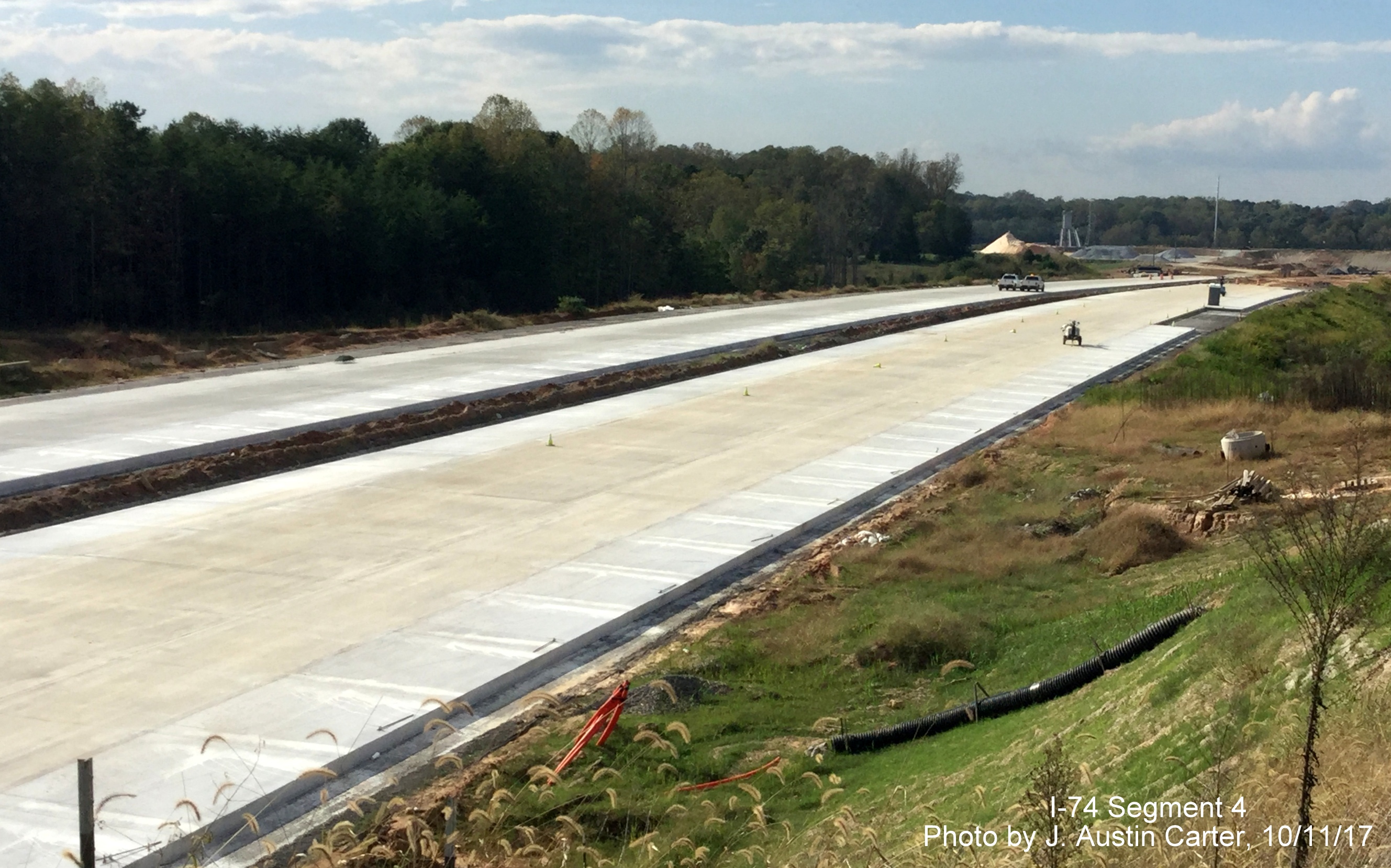Image of closer look at concrete road deck of Future I-74 looking northwest from Walkertown Guthrie Rd bridge toward US 158, by J. Austin Carter