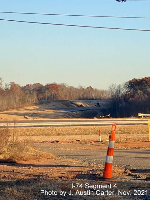 Image of future roadbed of I-74/Winston Salem Northern Beltway looking southeast from University Avenue 
                                          toward the Stanleyville Drive bridge, by J. Austin Carter, November 2021