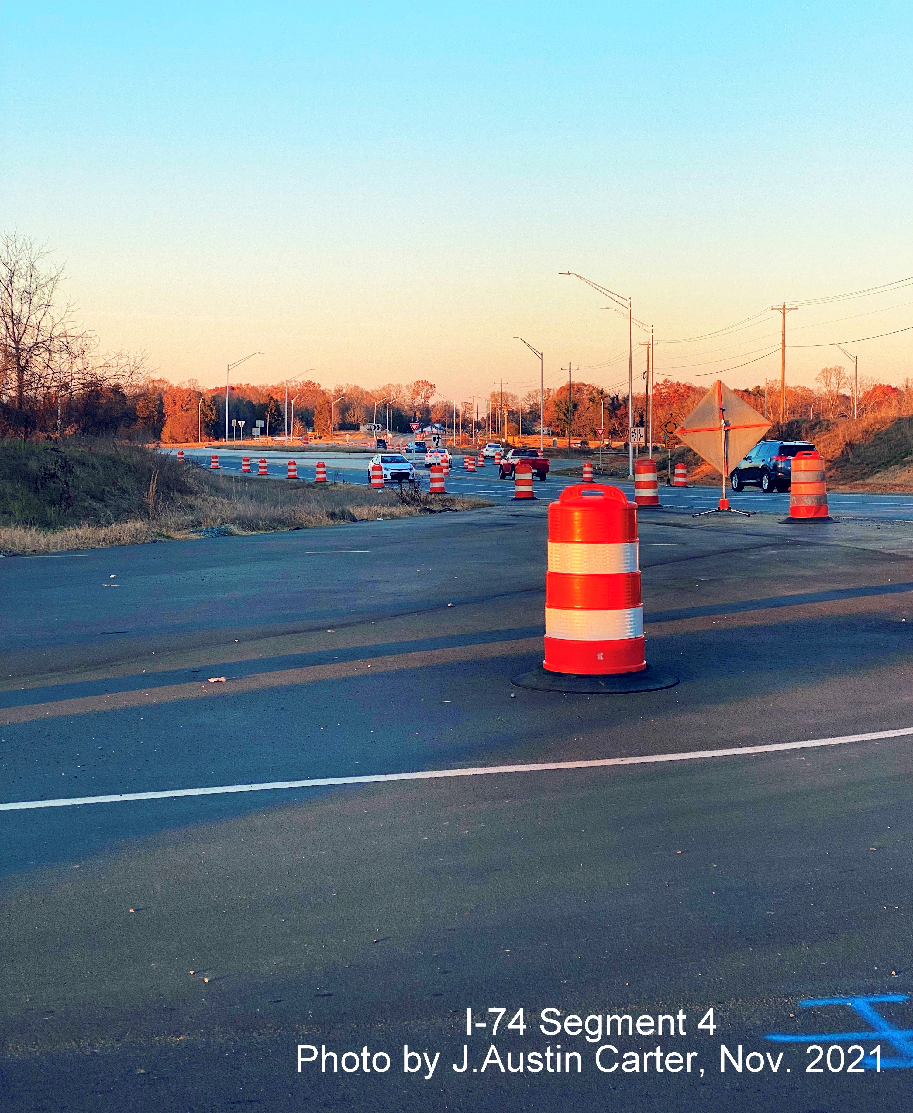 Image of roundabout along NC 8 / Germanton Road near bridge over future I-74 / Winston Salem 
        Northern Beltway, by J. Austin Carter, November 2021