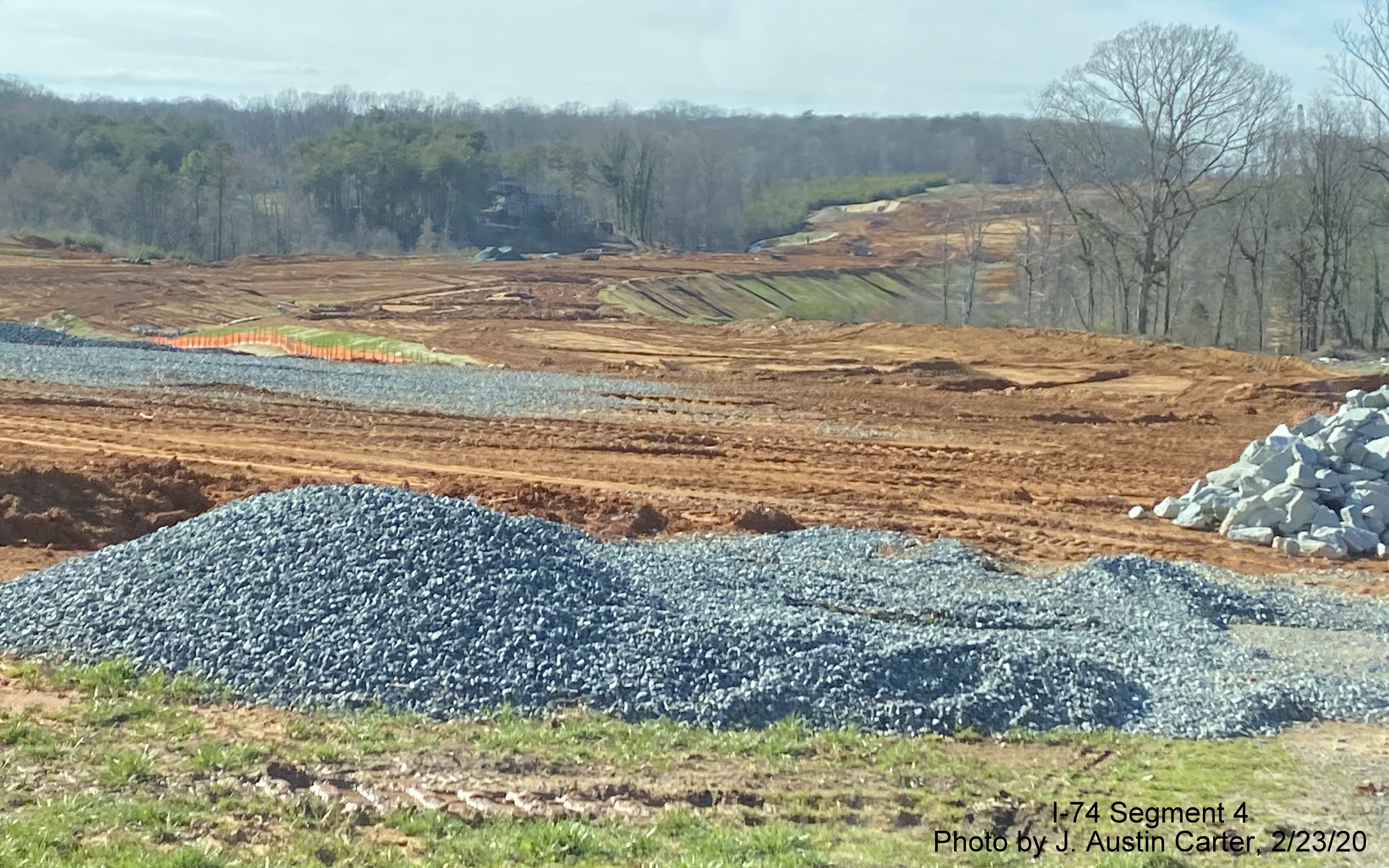 Image of graded roadbed for future I-74 Winston-Salem Northern Beltway in vicinity of US 311 
        interchange, by J. Austin Carter in Feb. 2020