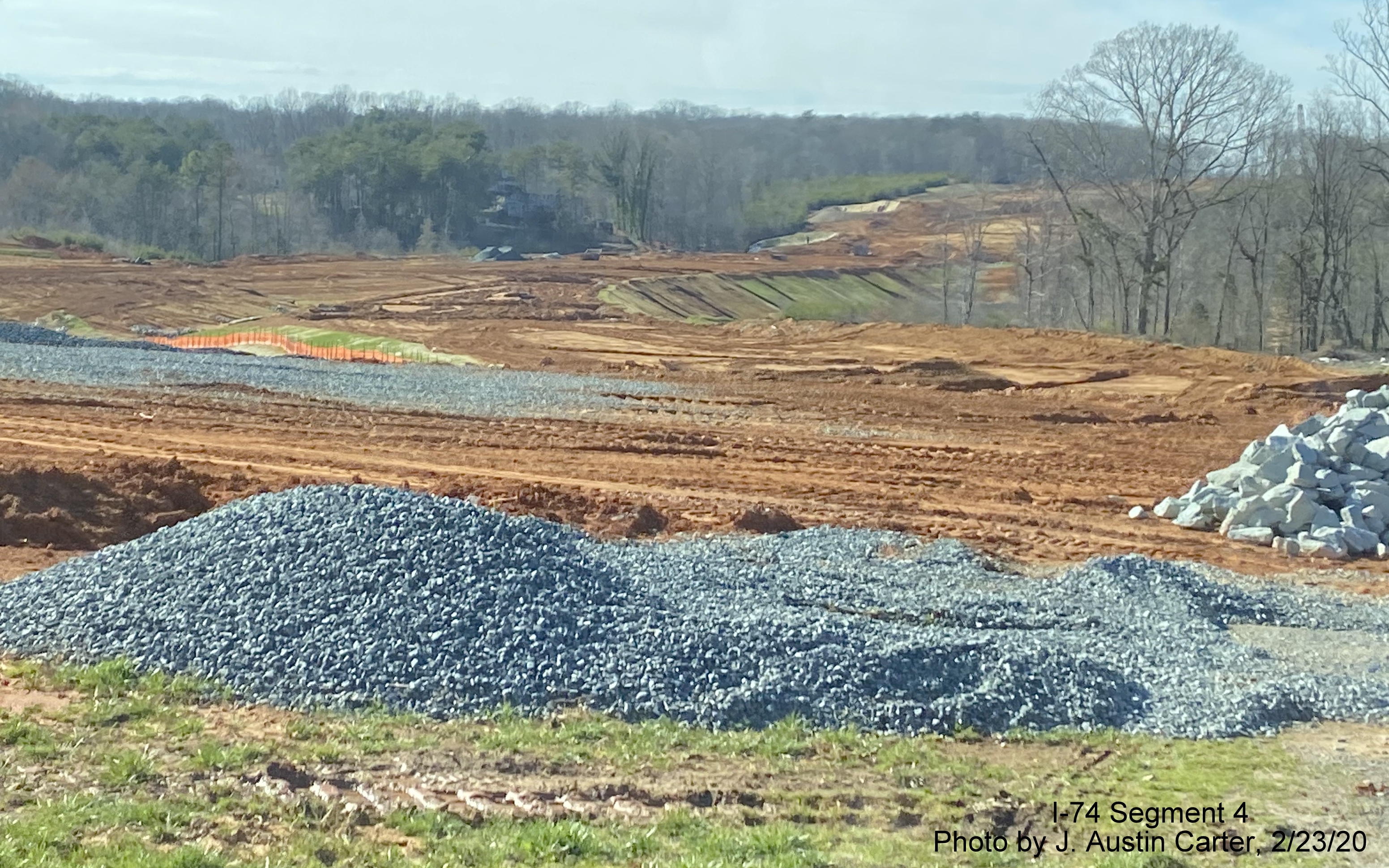 Image of graded roadbed for future I-74 Winston-Salem Northern Beltway in vicinity of US 311 
        interchange, by J. Austin Carter in Feb. 2020