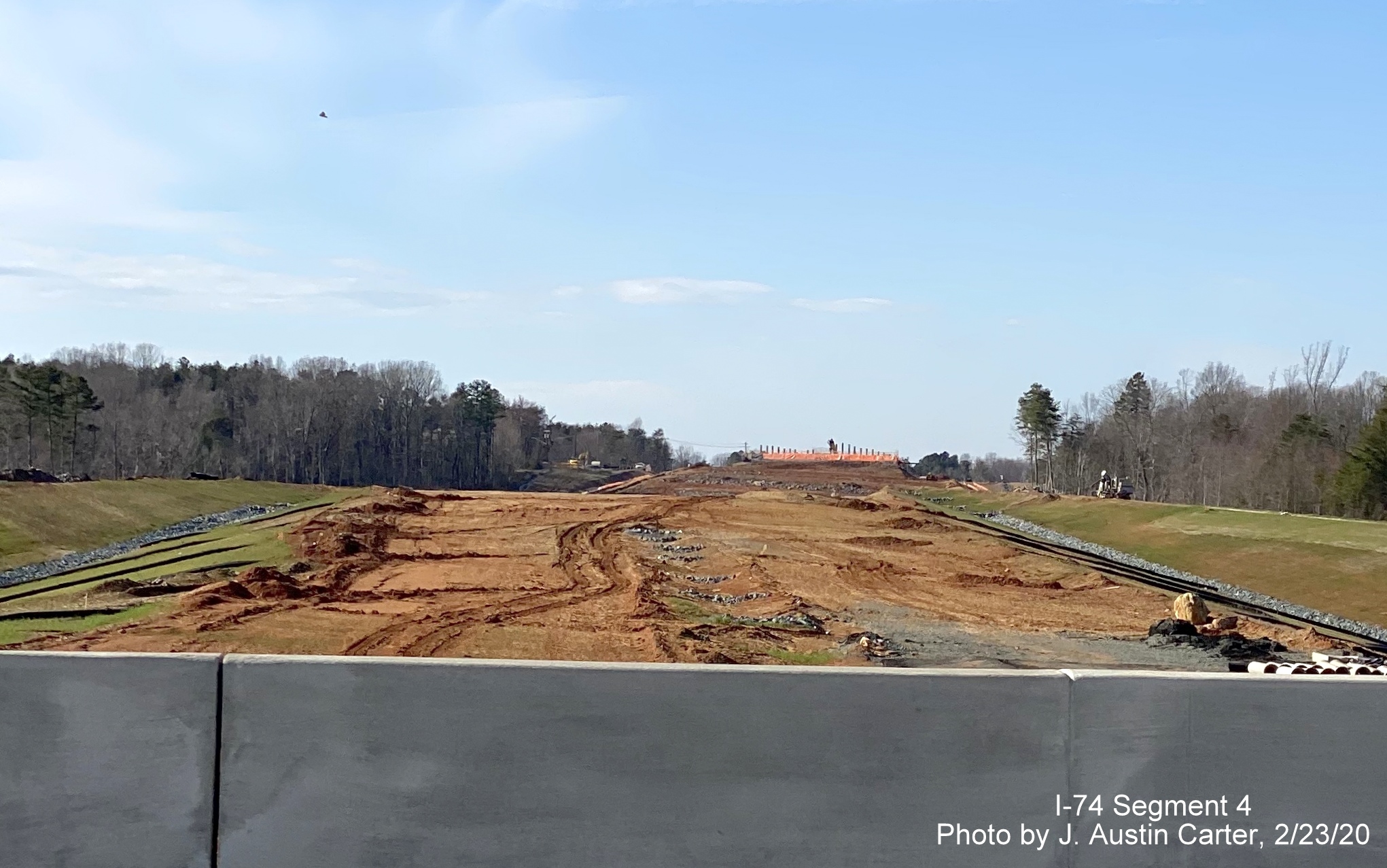 Image of road construction of future I-74/Winston-Salem Beltway looking west toward
        Old Walkertown Road, by J. Austin Carter in Feb. 2020