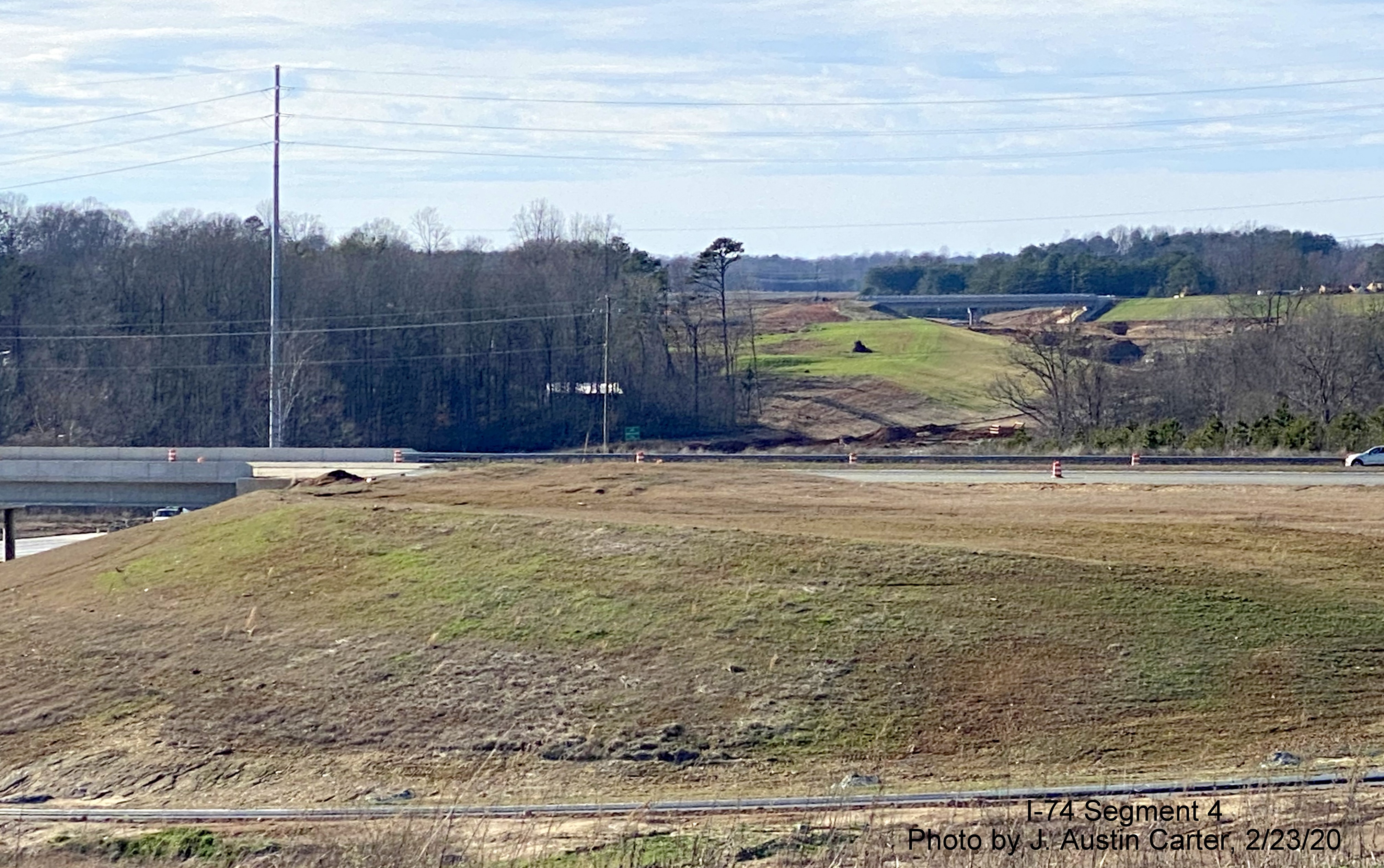 Image of future I-74/Winston-Salem Beltway beyond US 158 heading northwest from
        Old Belews Creek Road, by J. Austin Carter in Feb. 2020