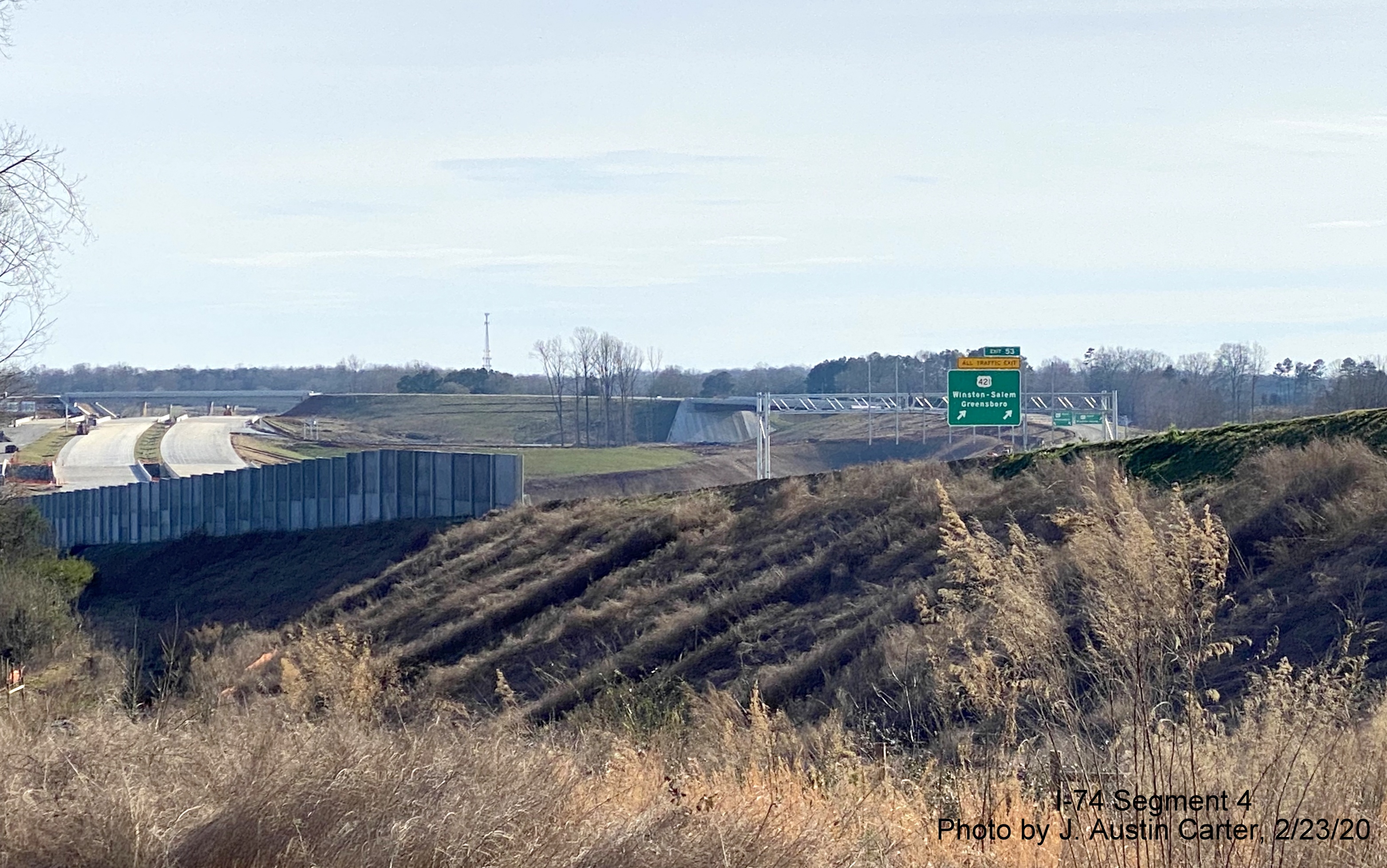 Image of new ramp signage installed for US 421 in vicinity of West Mountain Street 
        along Future I-74 East/Winston-Salem Beltway, by J. Austin Carter in Feb. 2020