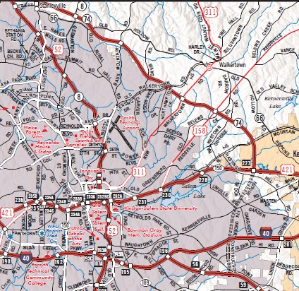 Excerpt from NCDOT 2023-24 State Transportation Map Greensboro Area Inset 
			  showing path of Future I-74 Winston-Salem Northern Beltway, July 2023