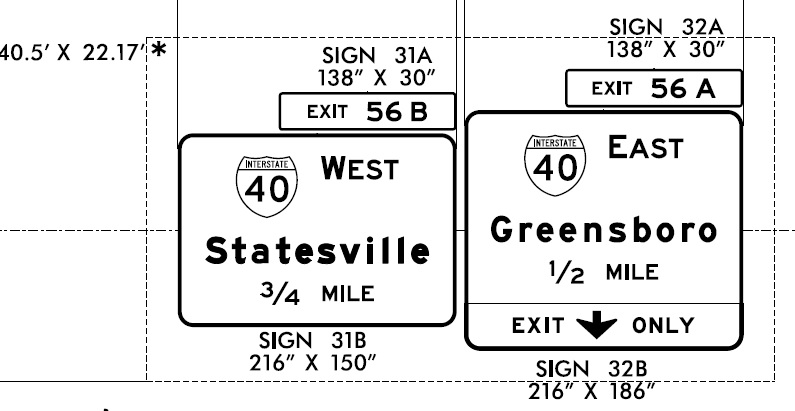 NCDOT sign plan images for I-40 exits on Future 
		I-74/Winston-Salem Beltway East, October 2021