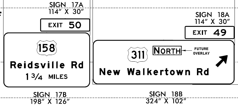 NCDOT sign plans for overhead signs for US 158 and US 311 exit on Future I-74 East in 
                                                     Winston-Salem