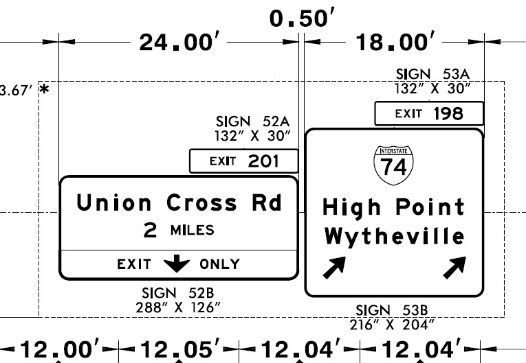 NCDOT sign plan image for overheads at ramp to future 
		I-74/Winston-Salem Northern Beltway exit on I-40 East, October 2021