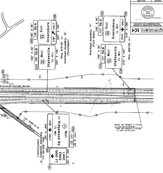 NCDOT sign placement plan image showing 
		distance between I-40 and I-74/NC 192 exits on future I-74 Winston Salem Northern Beltway, October 2021