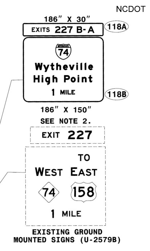 Image of plan of updated sigange along US 421 South for Future I-74/Winston-Salem 
        Northern Beltway exits, NCDOT 2022