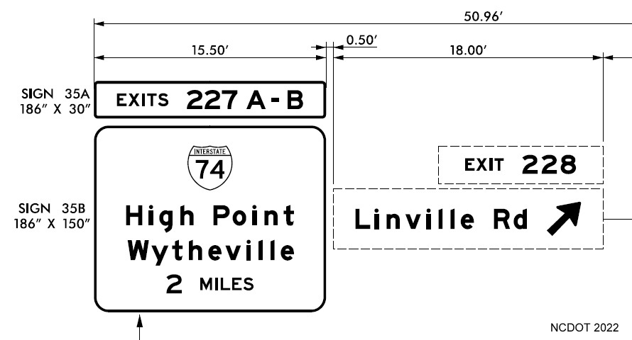 Image of plans for future 2 mile advance for I-74 Winston-Salem Northern Beltway 
         on I-40 West in Winston-Salem, NCDOT August 2022