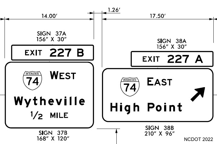 Image of plans for signage along US 421 North for I-74 once signed on completed 
          eastern section of Winston-Salem Northern Beltway, NCDOT August 2022