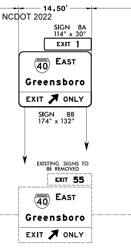 Image of plan for new exit number for I-40 East on future NC 192 (current I-74) at I-40 
        in Forsyth County, NCDOT August 2022