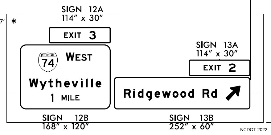 Image of plan for new exit numbers for on future NC 192 (current I-74) for Ridegwood Road
        and I-74 exits in Forsyth County, NCDOT August 2022