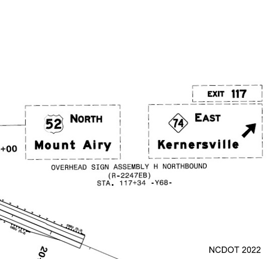 Image of NCDOT plan for signage approaching Future I-74 Winston-Salem 
		  Northern Beltway on US 52 North in Rural Hall,  NCDOT August 2022