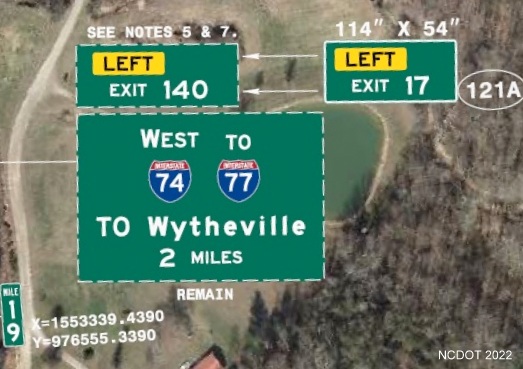 Image of plan for new exit number tab with I-74 milepost number to 
	    be placed on 2 miles advance sign for I-74 exit on US 52 in Surry County, NCDOT August 2022