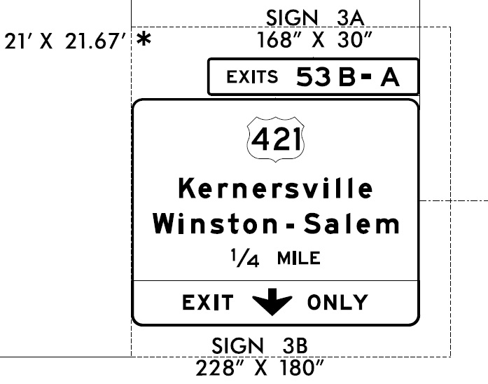 NCDOT sign plane image of 1/4 mile advance sign for US 421 exits on 
		  Future I-74 West in Forsyth County, October 2021