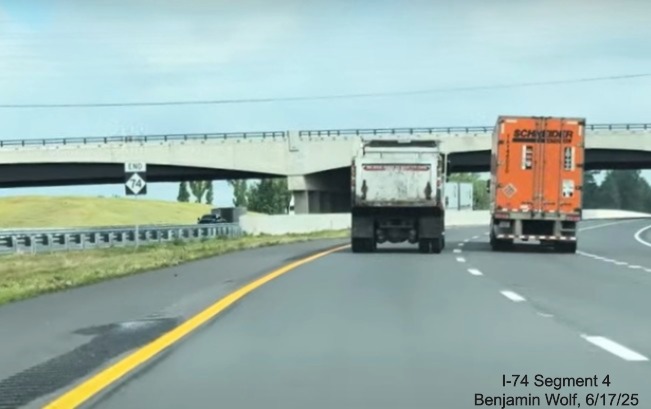Image of End NC 74 sign approaching US 52 North at the end of the
	  Winston-Salem Northern, screen grab from Benjamin Wolf video, June 2025