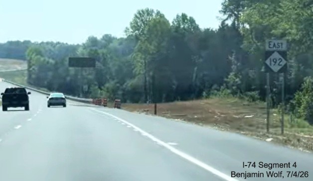 Image of new East NC 192 reassurance marker on current I-74 East prior to the
	 Ridgewood Road exit, screen grab from Benjamin Wolf video, July 4, 2026