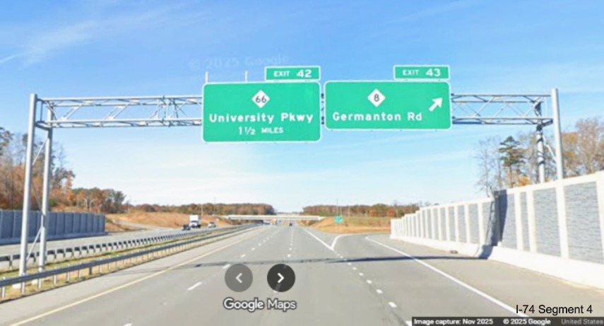 Image of overhead signage at NC 8 exit on NC 74 West/Winston-Salem
Northern Beltway showing supports remain for removed yellow All Traffic Exit tab, Google Maps Street View, November 2025