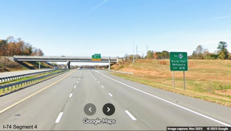 Image of new auxiliary sign for NC 65 exit on NC 74 West/Winston-Salem
	  Northern Beltway before the US 52 South exit, Google Maps Street View, November 2025
