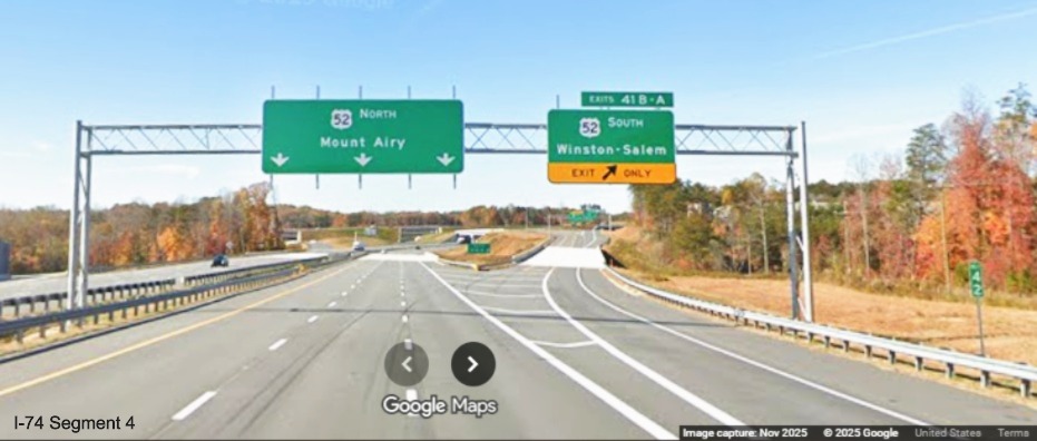 Image of new overhead signage at US 52 South exit on NC 74 West/Winston-Salem
	  Northern Beltway, Google Maps Street View, November 2025