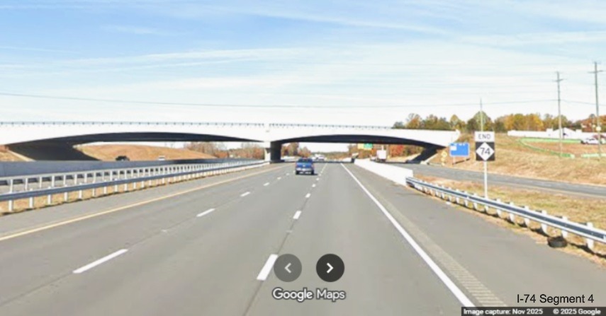 Image of End NC 74 sign prior to the NC 65 bridge before the merge with US 52
	  North in Rural Hall, Google Maps Street View, November 2025