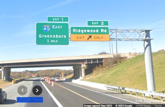 Image of new overhead signage at the Ridgewood Road exit with new
NC 192 milepost exit numbers, Google Maps Street View, November 2025