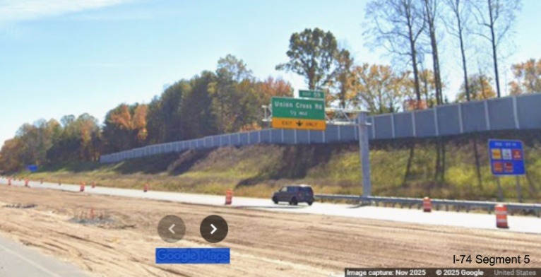 Image of new overhead 1/2 mile advance sign for Union Cross Road exit on
I-74 East, Google Maps Street View, November 2025