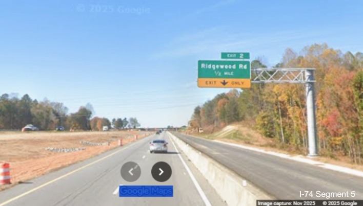 Image of new 1/2 mile advance overhead sign for the Ridgewood Road exit with new
NC 192 milepost exit number, Google Maps Street View, November 2025