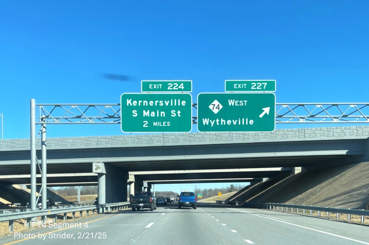 Image of recently placed NC 74 West/Winston-Salem Northern Beltway overhead ramp
	  sign on US 421 South, February 2025, Strider