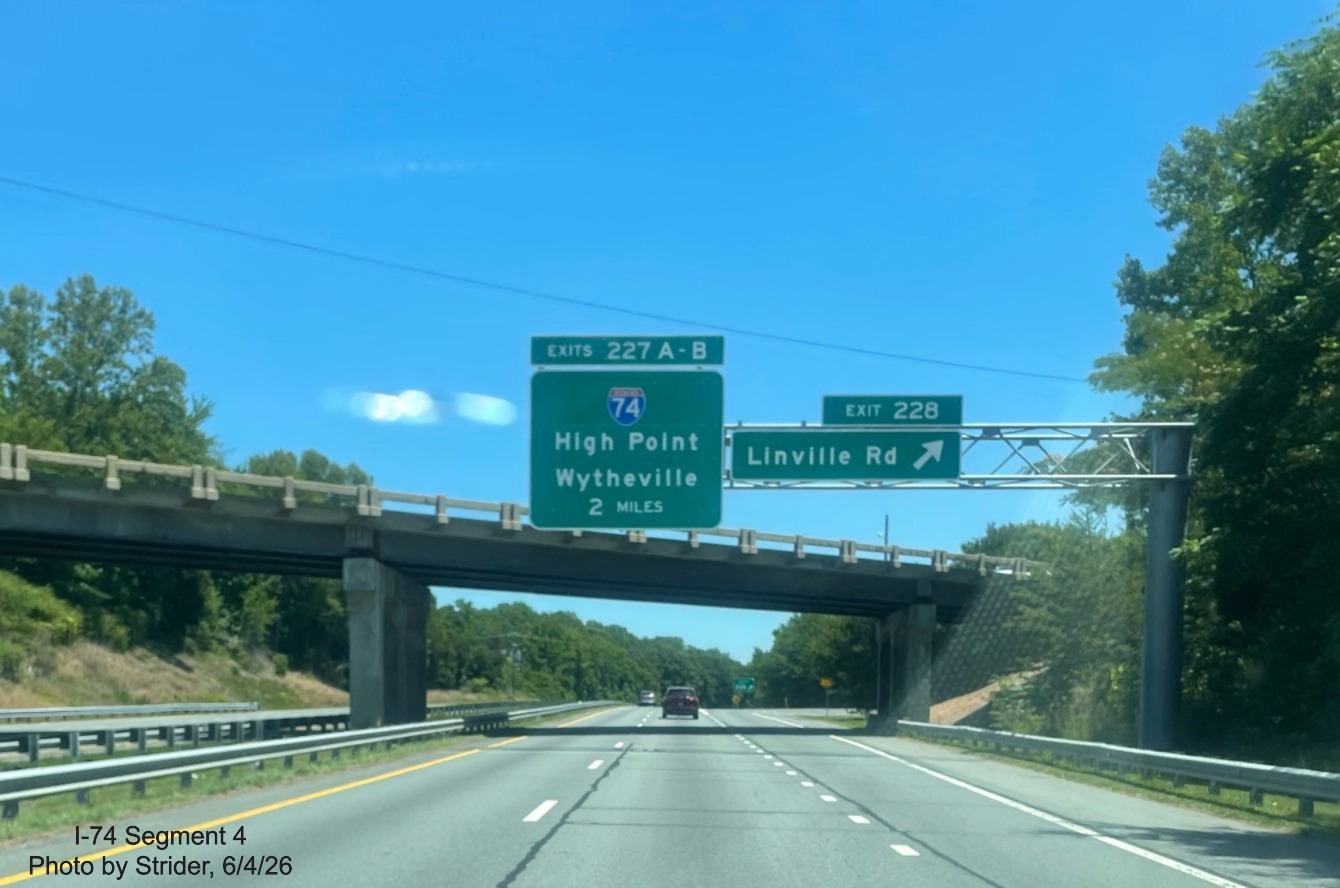 Image of new I-74 2 mile advance sign approaching the Beltway interchange on US 421
South, photo by Strider, June 2026