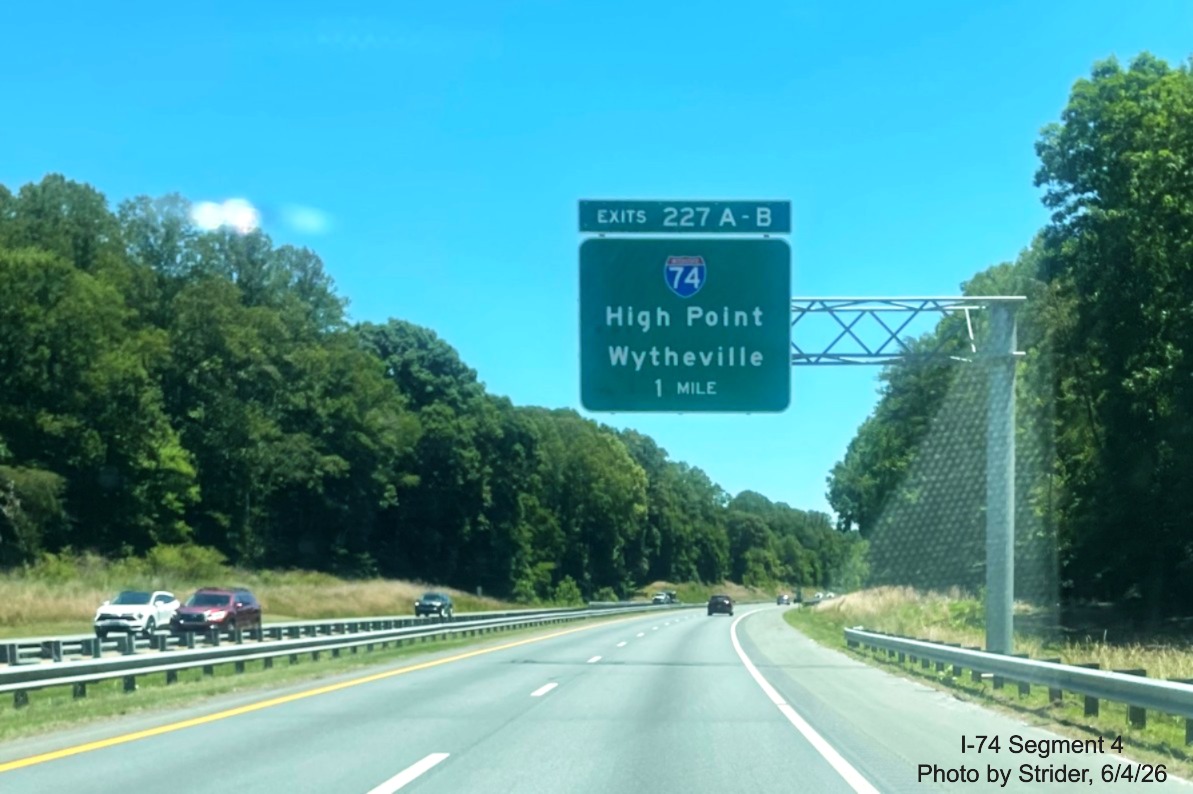 Image of new I-74 1 mile advance sign approaching the Beltway interchange on US 421
East, photo by Strider, June 2026